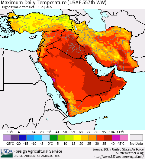 Middle East and Turkey Maximum Daily Temperature (USAF 557th WW) Thematic Map For 10/17/2022 - 10/23/2022