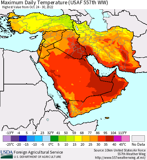 Middle East and Turkey Maximum Daily Temperature (USAF 557th WW) Thematic Map For 10/24/2022 - 10/30/2022