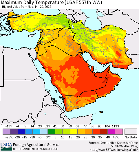 Middle East and Turkey Maximum Daily Temperature (USAF 557th WW) Thematic Map For 11/14/2022 - 11/20/2022