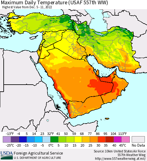 Middle East and Turkey Maximum Daily Temperature (USAF 557th WW) Thematic Map For 12/5/2022 - 12/11/2022
