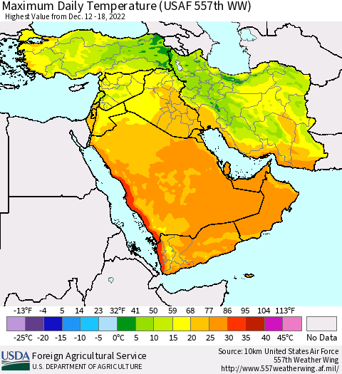 Middle East and Turkey Maximum Daily Temperature (USAF 557th WW) Thematic Map For 12/12/2022 - 12/18/2022