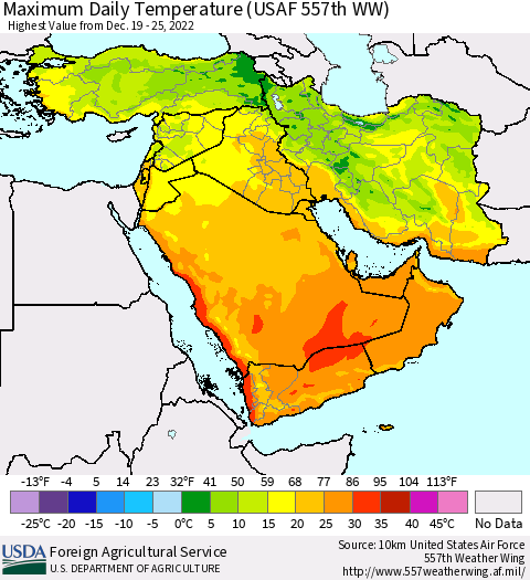 Middle East and Turkey Maximum Daily Temperature (USAF 557th WW) Thematic Map For 12/19/2022 - 12/25/2022