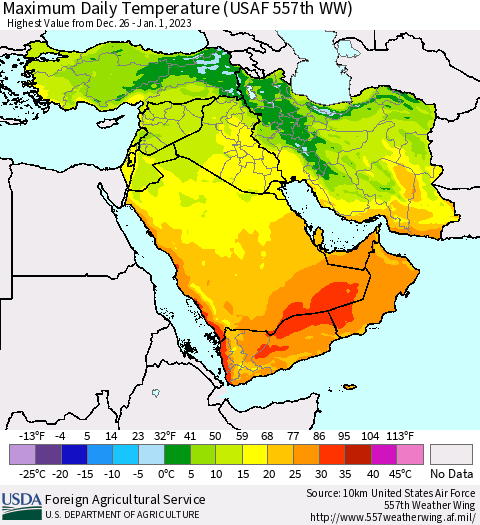 Middle East and Turkey Maximum Daily Temperature (USAF 557th WW) Thematic Map For 12/26/2022 - 1/1/2023