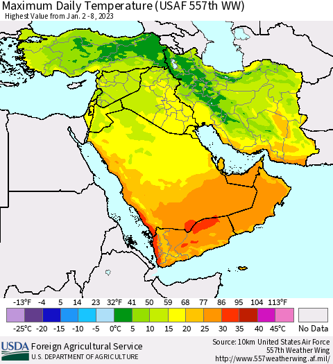 Middle East and Turkey Maximum Daily Temperature (USAF 557th WW) Thematic Map For 1/2/2023 - 1/8/2023