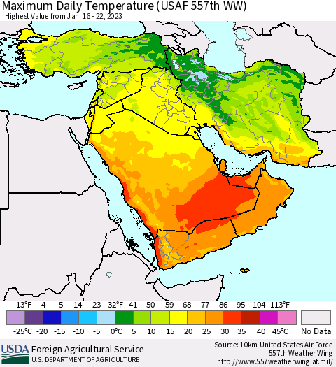 Middle East and Turkey Maximum Daily Temperature (USAF 557th WW) Thematic Map For 1/16/2023 - 1/22/2023