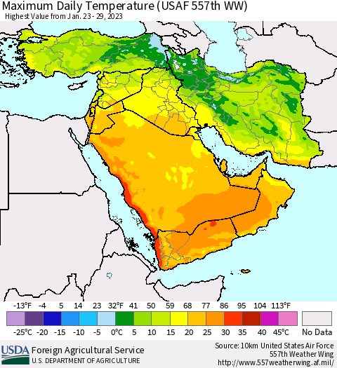 Middle East and Turkey Maximum Daily Temperature (USAF 557th WW) Thematic Map For 1/23/2023 - 1/29/2023
