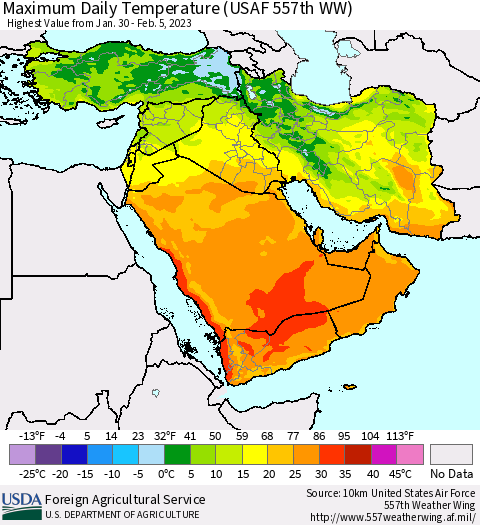 Middle East and Turkey Maximum Daily Temperature (USAF 557th WW) Thematic Map For 1/30/2023 - 2/5/2023