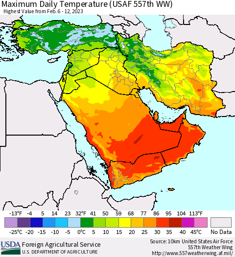 Middle East and Turkey Maximum Daily Temperature (USAF 557th WW) Thematic Map For 2/6/2023 - 2/12/2023