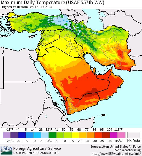 Middle East and Turkey Maximum Daily Temperature (USAF 557th WW) Thematic Map For 2/13/2023 - 2/19/2023