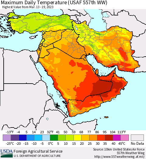 Middle East and Turkey Maximum Daily Temperature (USAF 557th WW) Thematic Map For 3/13/2023 - 3/19/2023