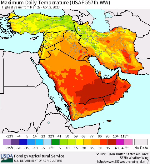 Middle East and Turkey Maximum Daily Temperature (USAF 557th WW) Thematic Map For 3/27/2023 - 4/2/2023