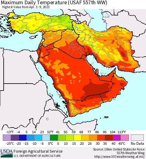 Middle East and Turkey Maximum Daily Temperature (USAF 557th WW) Thematic Map For 4/3/2023 - 4/9/2023