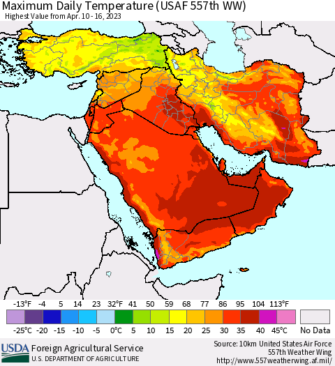 Middle East and Turkey Maximum Daily Temperature (USAF 557th WW) Thematic Map For 4/10/2023 - 4/16/2023