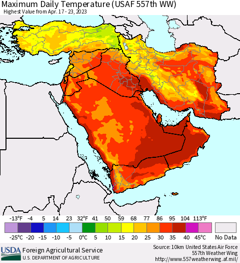 Middle East and Turkey Maximum Daily Temperature (USAF 557th WW) Thematic Map For 4/17/2023 - 4/23/2023