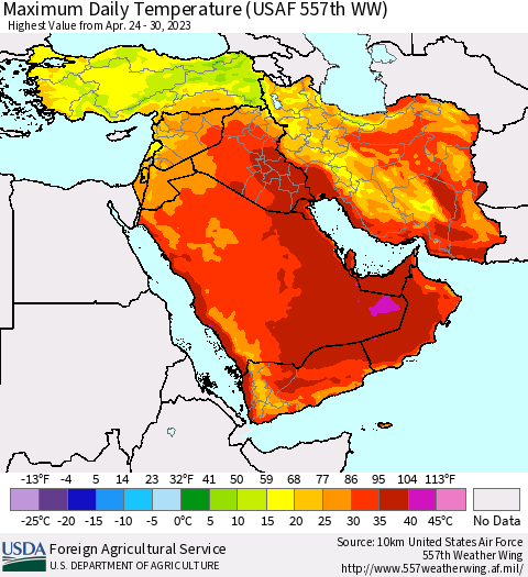 Middle East and Turkey Maximum Daily Temperature (USAF 557th WW) Thematic Map For 4/24/2023 - 4/30/2023