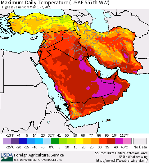 Middle East and Turkey Maximum Daily Temperature (USAF 557th WW) Thematic Map For 5/1/2023 - 5/7/2023