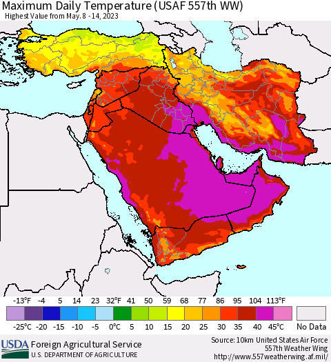 Middle East and Turkey Maximum Daily Temperature (USAF 557th WW) Thematic Map For 5/8/2023 - 5/14/2023