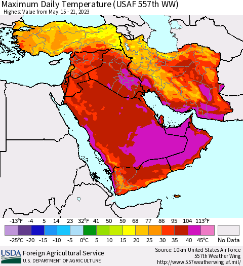 Middle East and Turkey Maximum Daily Temperature (USAF 557th WW) Thematic Map For 5/15/2023 - 5/21/2023