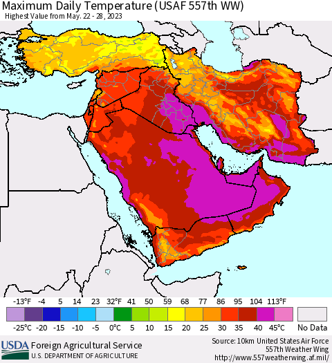 Middle East and Turkey Maximum Daily Temperature (USAF 557th WW) Thematic Map For 5/22/2023 - 5/28/2023