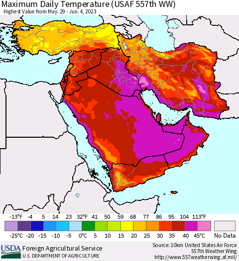 Middle East and Turkey Maximum Daily Temperature (USAF 557th WW) Thematic Map For 5/29/2023 - 6/4/2023