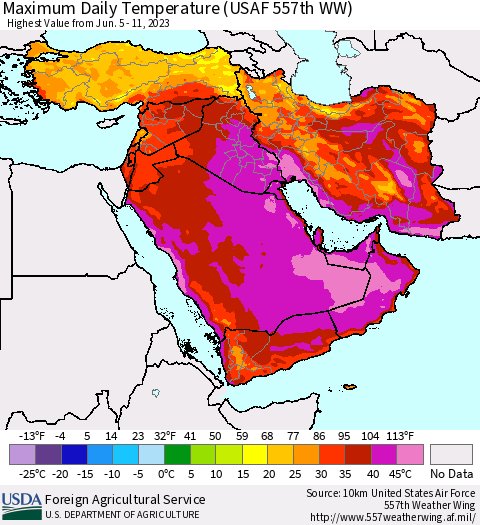 Middle East and Turkey Maximum Daily Temperature (USAF 557th WW) Thematic Map For 6/5/2023 - 6/11/2023