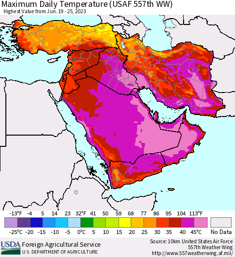 Middle East and Turkey Maximum Daily Temperature (USAF 557th WW) Thematic Map For 6/19/2023 - 6/25/2023