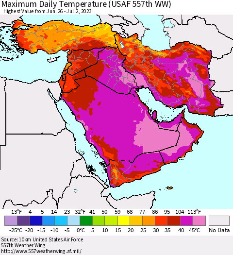 Middle East and Turkey Maximum Daily Temperature (USAF 557th WW) Thematic Map For 6/26/2023 - 7/2/2023
