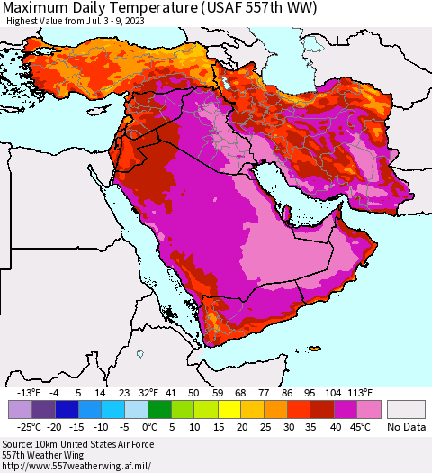 Middle East and Turkey Maximum Daily Temperature (USAF 557th WW) Thematic Map For 7/3/2023 - 7/9/2023