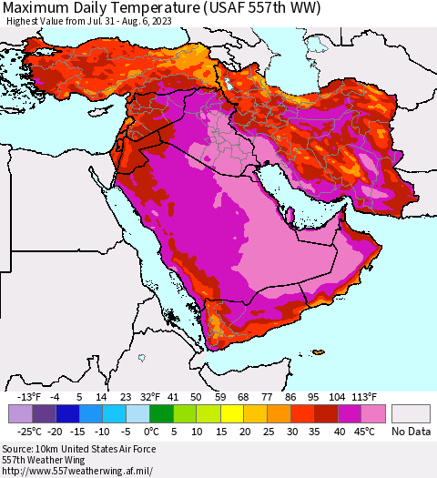 Middle East and Turkey Maximum Daily Temperature (USAF 557th WW) Thematic Map For 7/31/2023 - 8/6/2023