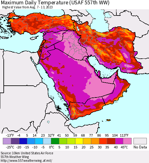 Middle East and Turkey Maximum Daily Temperature (USAF 557th WW) Thematic Map For 8/7/2023 - 8/13/2023