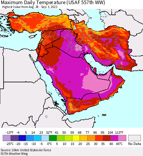Middle East and Turkey Maximum Daily Temperature (USAF 557th WW) Thematic Map For 8/28/2023 - 9/3/2023