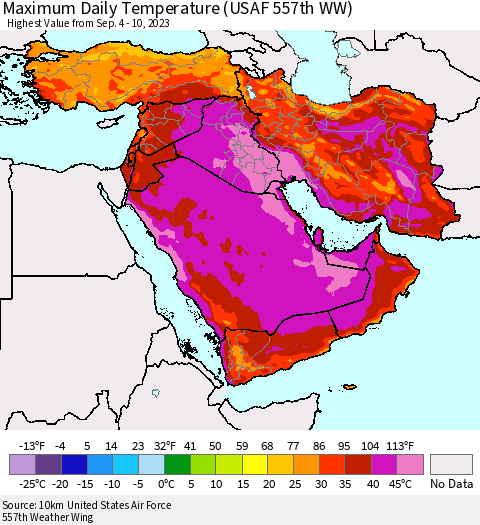 Middle East and Turkey Maximum Daily Temperature (USAF 557th WW) Thematic Map For 9/4/2023 - 9/10/2023