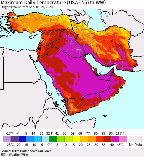 Middle East and Turkey Maximum Daily Temperature (USAF 557th WW) Thematic Map For 9/18/2023 - 9/24/2023