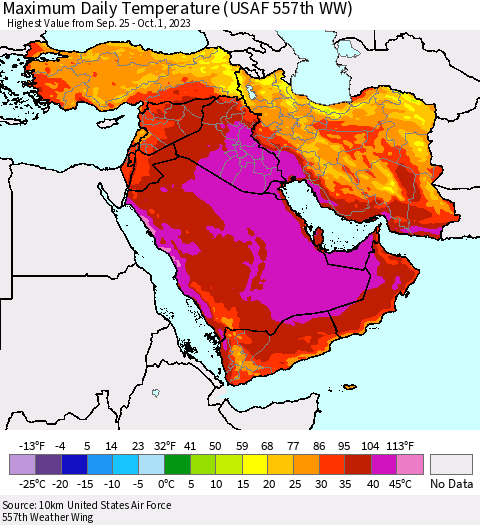 Middle East and Turkey Maximum Daily Temperature (USAF 557th WW) Thematic Map For 9/25/2023 - 10/1/2023