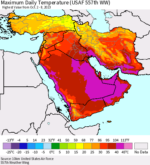 Middle East and Turkey Maximum Daily Temperature (USAF 557th WW) Thematic Map For 10/2/2023 - 10/8/2023