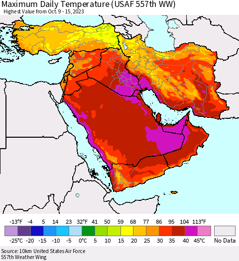 Middle East and Turkey Maximum Daily Temperature (USAF 557th WW) Thematic Map For 10/9/2023 - 10/15/2023