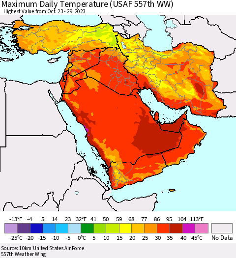 Middle East and Turkey Maximum Daily Temperature (USAF 557th WW) Thematic Map For 10/23/2023 - 10/29/2023