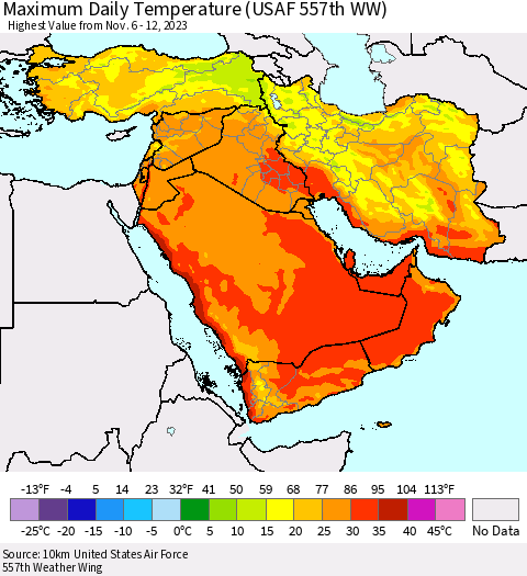 Middle East and Turkey Maximum Daily Temperature (USAF 557th WW) Thematic Map For 11/6/2023 - 11/12/2023