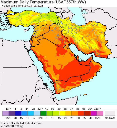 Middle East and Turkey Maximum Daily Temperature (USAF 557th WW) Thematic Map For 11/13/2023 - 11/19/2023