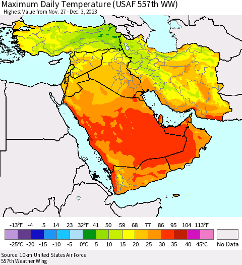 Middle East and Turkey Maximum Daily Temperature (USAF 557th WW) Thematic Map For 11/27/2023 - 12/3/2023