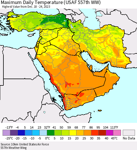 Middle East and Turkey Maximum Daily Temperature (USAF 557th WW) Thematic Map For 12/18/2023 - 12/24/2023