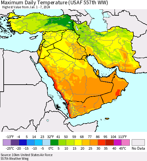 Middle East and Turkey Maximum Daily Temperature (USAF 557th WW) Thematic Map For 1/1/2024 - 1/7/2024