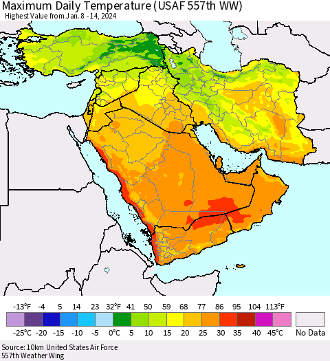 Middle East and Turkey Maximum Daily Temperature (USAF 557th WW) Thematic Map For 1/8/2024 - 1/14/2024