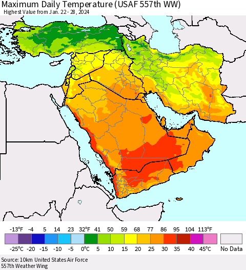 Middle East and Turkey Maximum Daily Temperature (USAF 557th WW) Thematic Map For 1/22/2024 - 1/28/2024
