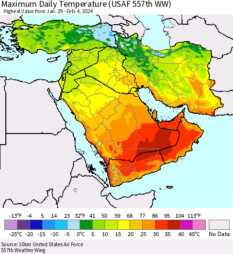Middle East and Turkey Maximum Daily Temperature (USAF 557th WW) Thematic Map For 1/29/2024 - 2/4/2024