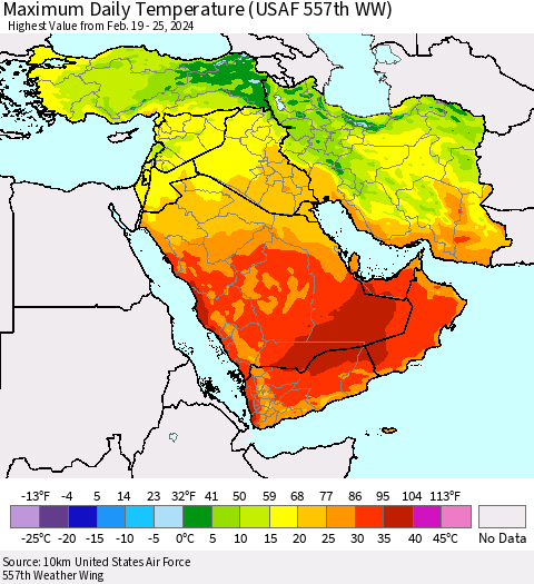 Middle East and Turkey Maximum Daily Temperature (USAF 557th WW) Thematic Map For 2/19/2024 - 2/25/2024