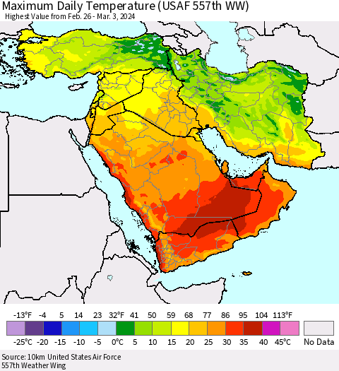 Middle East and Turkey Maximum Daily Temperature (USAF 557th WW) Thematic Map For 2/26/2024 - 3/3/2024