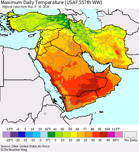Middle East and Turkey Maximum Daily Temperature (USAF 557th WW) Thematic Map For 3/4/2024 - 3/10/2024