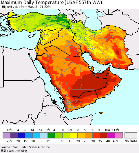 Middle East and Turkey Maximum Daily Temperature (USAF 557th WW) Thematic Map For 3/18/2024 - 3/24/2024