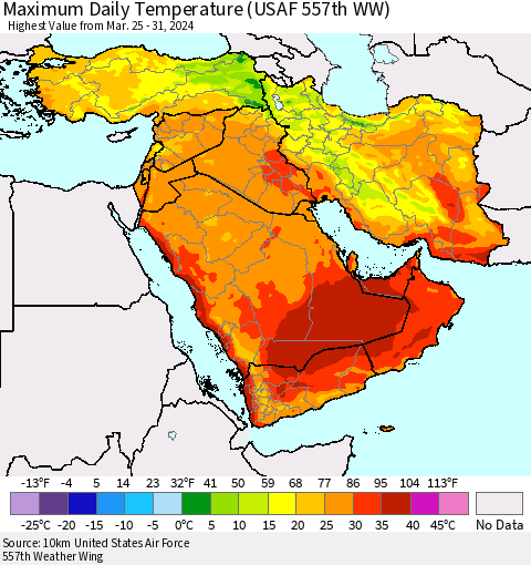 Middle East and Turkey Maximum Daily Temperature (USAF 557th WW) Thematic Map For 3/25/2024 - 3/31/2024